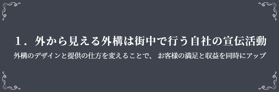 １．外から見える外構は街中で行う自社の宣伝活動　外構のデザインと提供の仕方を変えることで、 お客様の満足と収益を同時にアップ